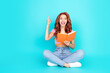© deagreez - Full size photo of pretty young girl eureka excited read book wear trendy pink outfit isolated on aquamarine color background