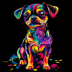 Wall Mural - Cute Chihuahua Puppy in Vibrant Pop Art Style with Bold Colors on a Black Background, Perfect for Pet Lovers and Animal Artwork