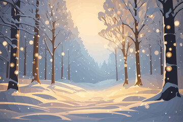 A quiet, snow-covered forest with trees draped in soft, glowing Christmas lights