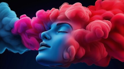 Wall Mural - a woman's face is shown in a blue and red smoke. the smoke is coming from her hair and is covering h