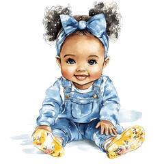 Sticker - Watercolor illustration of a cute baby girl with blue overalls and floral shoes.