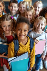 A group of smiling children with textbooks, indicating a positive learning environment.