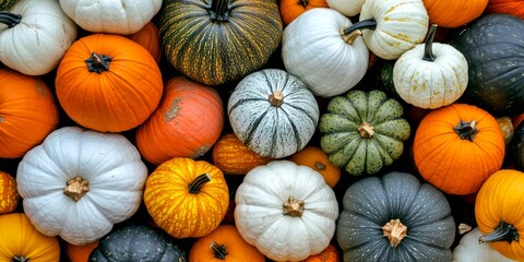 Sticker - A vibrant collection of pumpkins in various colors and sizes. This seasonal display evokes autumn and harvest vibes. Perfect for fall decoration or culinary use. AI