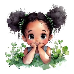 Poster - Watercolor Illustration of a Cute Little Girl with Big Eyes and Curly Hair, Surrounded by Lush Green Foliage.