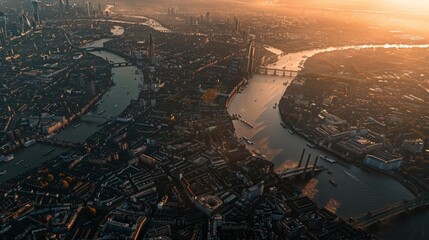 Stunning aerial view of a vibrant city at sunset over winding rivers and bridges, showcasing urban beauty and tranquility.