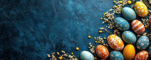 Wall Mural - A captivating dark blue background provides a rich, elegant canvas, adorned with a scattering of colorful Easter eggs and delicate springtime decorations. The scene offers ample copy space for text