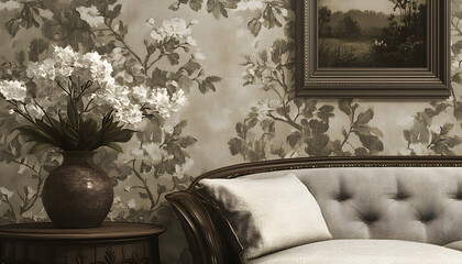 Wall Mural - A sepia-toned wallpaper featuring antique floral patterns and ornate frames, offering a nostalgic charm