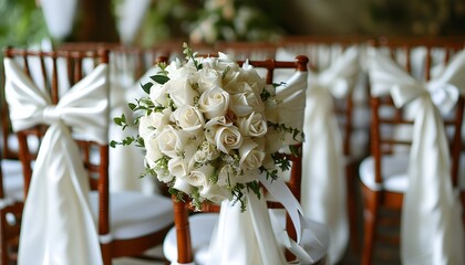 Elegant wedding chairs adorned with white ribbons and floral bouquets, perfect for inspiring wedding planners and event concepts.