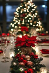 Wall Mural - Elegant Christmas dinner table setting with red and gold decorations, candles, and greenery, set in front of a Christmas tree with glowing bokeh lights.