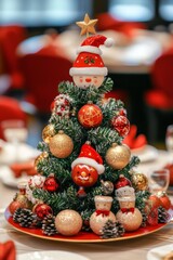 Sticker - Elegant Christmas dinner table setting with red and gold decorations, candles, and greenery, set in front of a Christmas tree with glowing bokeh lights.