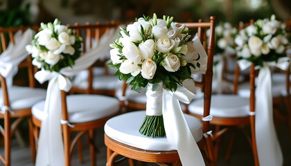 Elegant wedding chairs adorned with white ribbons and floral bouquets, perfect for inspiring wedding planners and event concepts.