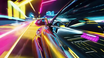 Wall Mural - Sleek modern car speeds through city streets at night, leaving colorful light trails in its wake, capturing the energy of urban life in motion blur