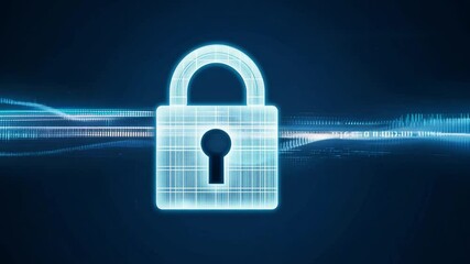 Fototapete - A glowing digital padlock is displayed against a blue backdrop with a data overlay, emphasizing the critical nature of cybersecurity and protecting information online.