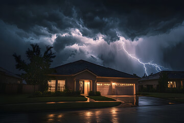 Wall Mural - Lightning storm illuminating the skies over a suburban home