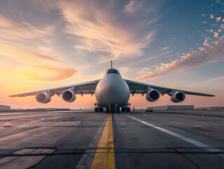 Transport plane on the runway under loading. Neural network AI generated art