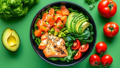 Wall Mural - Vibrant salad bowl featuring salmon, avocado, tomatoes, and fresh greens on a bright green background, celebrating nutritious eating and fresh ingredients