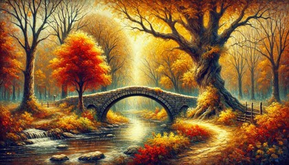 Wall Mural - Stone Bridge in a Golden Forest