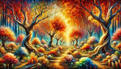 Wall Mural - Surreal Autumn Garden of Twisted Trees