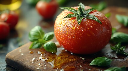 Wall Mural - A fresh tomato with droplets, surrounded by basil leaves on a wooden board.