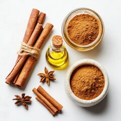 Wall Mural -  Aromatic Cinnamon Sticks, Powder, and Essential Oil on White Background - Perfect for Culinary, Aromatherapy, and Health-Related Projects