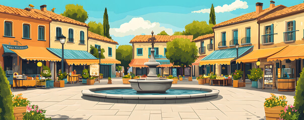 A quaint village square with a fountain and outdoor market stalls. Vector flat minimalistic isolated illustration.