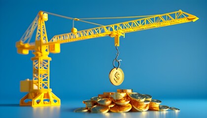 3D rendering of yellow construction crane lifting dollar coin above stack of gold coins on blue backdrop, symbolizing financial growth and prosperity