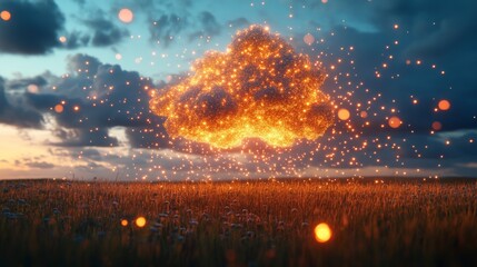 Wall Mural - A dazzling cloud of glowing sparks hovers above a lush field, casting warm light over the landscape as twilight settles in, blending colors beautifully in the sky