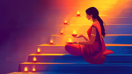 Sticker - young woman sitting on stairs with diyas in hand 