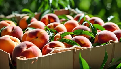 Wall Mural - Vibrant Ripe Peaches Nestled in Cardboard Box, Freshly Harvested for Market Display