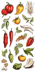 Wall Mural - A collection of various vegetables and herbs, including peppers, leaves, and roots.