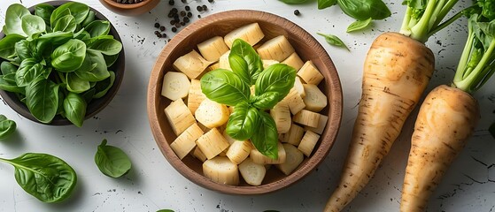 Wall Mural - A wooden bowl of chopped vegetables with fresh basil, surrounded by greens and roots.