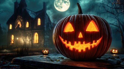 Halloween pumpkin with candlelight in front of a haunted house background,