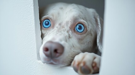 Wall Mural - A curious dog peeking through a wall with striking blue eyes.