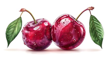 A close-up illustration of two shiny cherries with droplets and leaves.