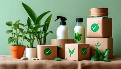 Wall Mural - Eco-Friendly Product Packaging Featuring Green Tick and Plant Icon