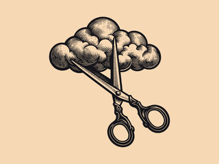 Scissors cutting a cloud. Abstract vintage engraving illustration