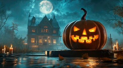 Halloween pumpkin with candlelight in front of a haunted house background,