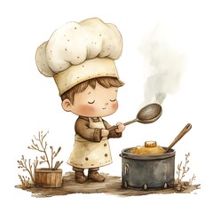 Sticker - Watercolor Illustration of a Cute Cartoon Chef Cooking in a Rustic Setting.