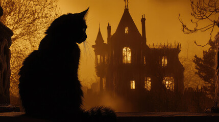 A black cat silhouette sits calmly in front of a haunted mansion, its dark form contrasting with the eerie architecture behind.