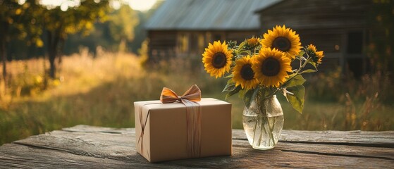 Wall Mural - Sunflowers and Gift Box in Rustic Countryside Landscape