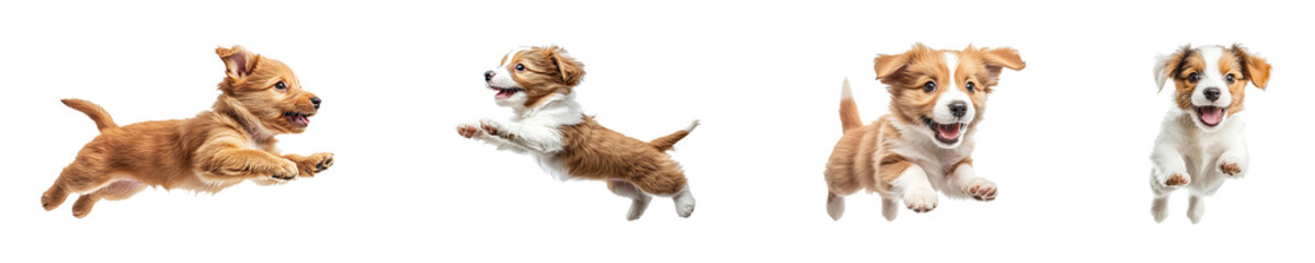 Set, collection of Floating puppy jumping trying to bite something isolated on transparent background.