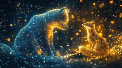 Wall Mural - Two Foxes in a Digital World of Glittering Lights