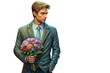 © sandipruel - A man in a suit holding a bouquet of flowers. The flowers are a mix of red, pink, and white. The man is looking off into the distance, giving the impression that he is lost in thought.