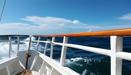 Ocean vista from ships railing with choppy waves, white hull in foreground, under a clear blue sky