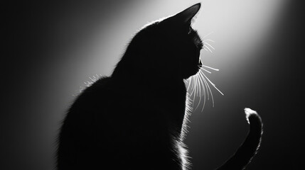 Silhouette of a black cat with a long tail curled at the tip.