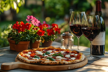 Delicious pizza and fine wine in the outdoor garden. Selective focus on the tasty italian dish and refreshing beverage. Enjoy a lovely meal outdoors