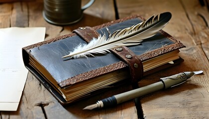 Rustic handmade journal featuring an embedded feather on a wooden table beside a pen and blank paper