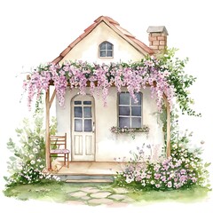 Sticker - Watercolor Painting of a Cottage with Flowers and a Chair on the Porch.