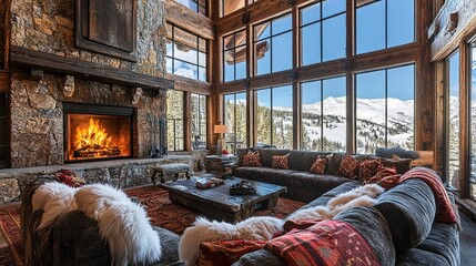 Wall Mural - deluxe ski lodge living room with a towering stone fireplace, deep plush sofas covered in faux fur throws, and a wall of windows showing snowy mountain views