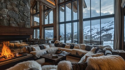 Poster - deluxe ski lodge living room with a towering stone fireplace, deep plush sofas covered in faux fur throws, and a wall of windows showing snowy mountain views